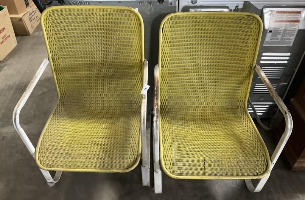 Retro Metal Framed Wicker Patio Chairs.;