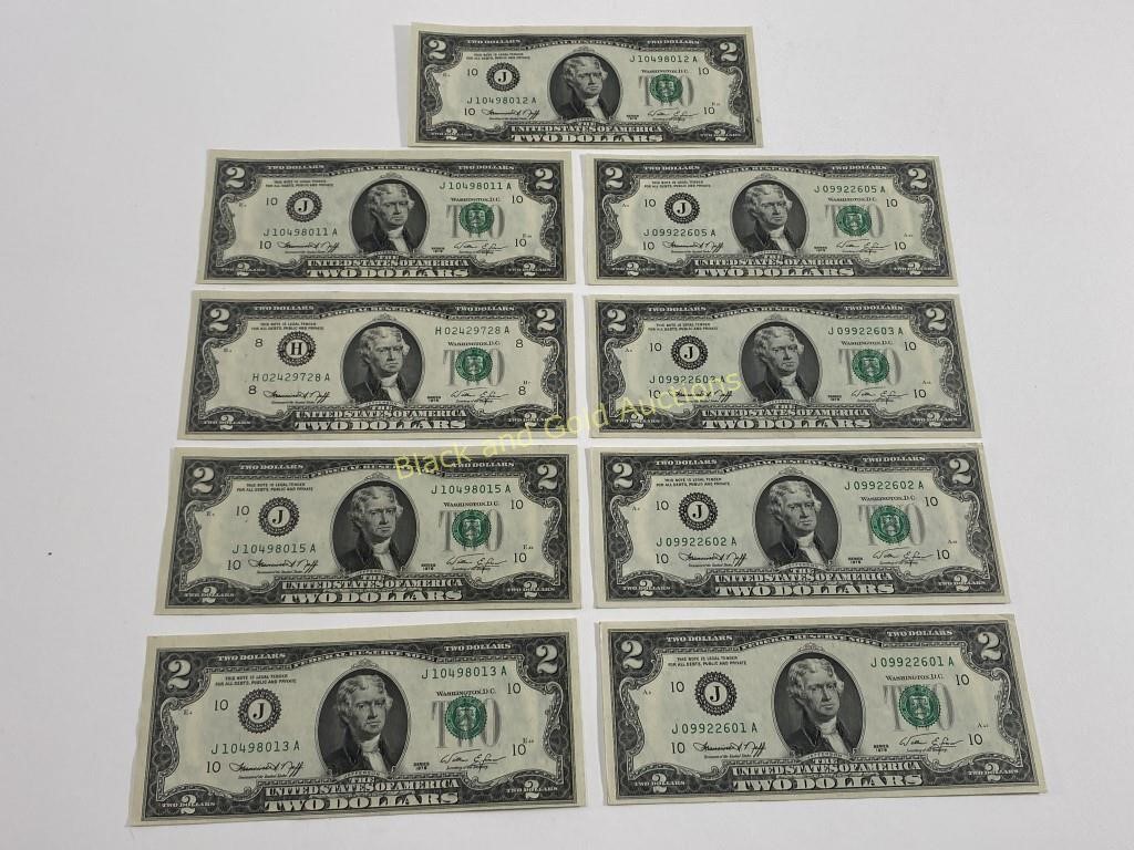 (9) Crisp Uncirculated Two Dollar Notes/Bills