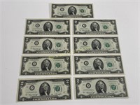 (9) Crisp Uncirculated Two Dollar Notes/Bills