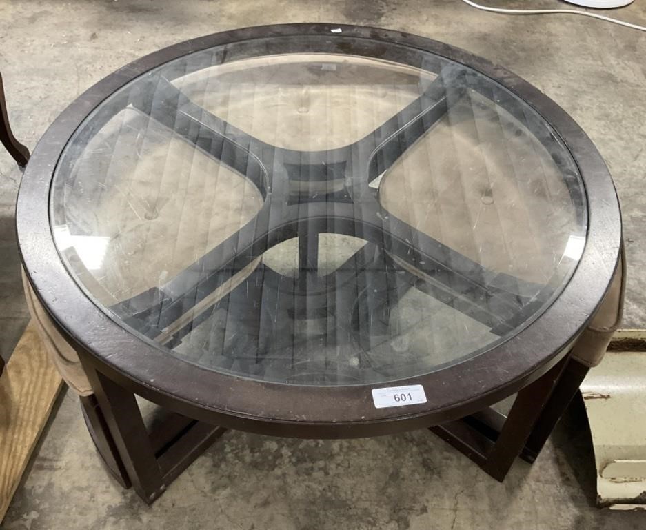 Large Coffee Table With 3 Upholstered Stools.