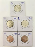 1964 Five 25 Cent Caribou Silver Content Quarters
