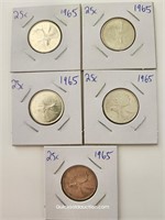 1965-Five 25 Cent Caribou Silver Content Quarters