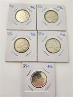 1966-Five 25 Cent Silver Content Quarters