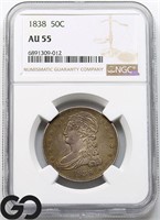 1838 Capped Bust 50c, NGC AU55 Guide: 925, REEDED