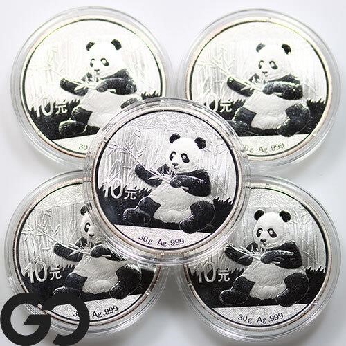 5-coin Lot, 2017 Chinese Pandas, 30g .999 Silver