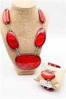 Red and Silver Tone Necklace & Bracelet