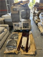 PALLET OF RESTAURANT CHAIRS AND TRASH CANS