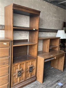 Lot with wooden bookcase and wooden computer desk.