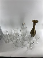 Box and Decanter set with etched brass vase