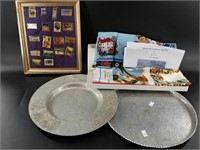 Lot with pewter platters, shadow box of railroad p
