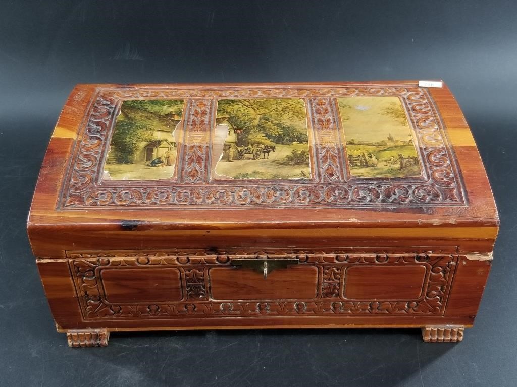 Carved wood antique jewelry box some wear, but in