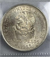 1953 Silver Mexico 5 Pesos, AU