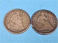 2- 1858 Seated Liberty Silver 1/2 Dimes