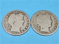 1903 S 1908 S Barber Silver Half Dollar Coins
