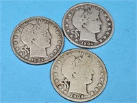 3- 1904 Barber Silver Half Dollars