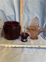 (3) Collectible ruby/pink glass baskets and