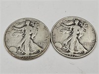 2-1937 Walking Liberty Silver Half Dollar Coins