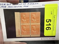 #803 STAMP BLOCK NH 1938 PRESIDENTIAL ISSUE W PL#