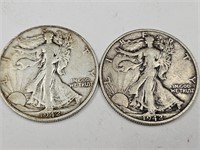 2-1942 S Silver Liberty  Walking Half Dollar Coins