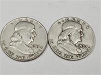 2-1957 D Ben Franklin Silver Half Dollar Coins