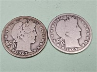 2-  1907 D Barber Silver Half Dollar Coins