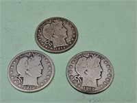 3- 1912 S Barber Silver Half Dollar Coins
