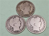 3- 1912 Barber Silver Half Dollar Coins