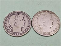 2 1912 D Barber Silver Half Dollar Coins