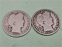 2 - 1910  Barber Silver Half Dollar Coins