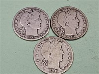 3-1910 S Barber Silver Half Dollar Coins
