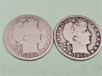 2 -  1914  Barber Silver Half Dollar Coins