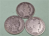 3-   1911  D Barber Silver Half Dollar Coins