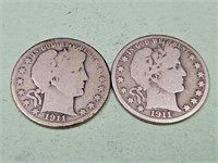 2-  1911 S Barber Silver Half Dollar Coins