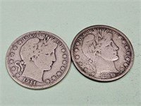 2- 1911 S Barber Silver Half Dollar Coins