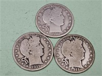 2- 1911 & 1 -1910 Barber Silver Half Dollar Coins