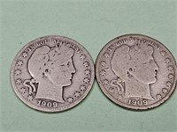 2 - 1909 S  Barber Silver Half Dollar Coins