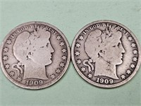 2-1909 Barber Silver Half Dollar Coins