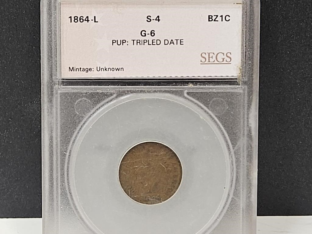 1864-L  Graded  S-4 G-6 Tripled Date 1 Cent