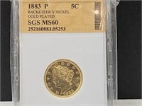 1883 P 5 Cent Racketeer V Gold Plated SGS  MS 60