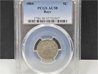 1866 Graded 5 Cent PCGS AU 58 Rays