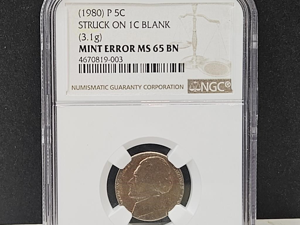 1980 P 5 cent Graded Struck on 1 Cent Blank