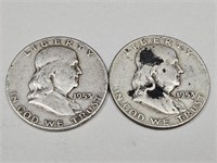 2- 1953  D Franklin Silver Half Dollar Coins