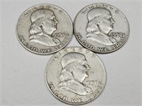 3 - 1958 D Franklin Silver Half Dollar Coins