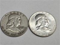 2-1957 D Franklin Silver Half Dollar Coins