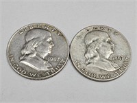2-1957 D Franlin Silver Half Dollar Coins