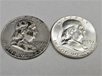 2- 1959 Franklin Silver Half Dollar Coins