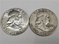 1957 & 1959 D Franklin Silver Half Dollar Coins
