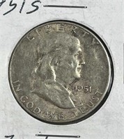 1951-S Franklin Silver Half Dollar, US 50c