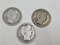 3- 1913 D  Barber Silver Half Dollars