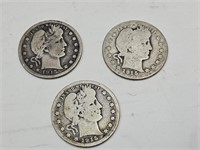 1915, 1915 S & 1915 D Barber Silver Quarters